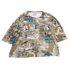 Onque Woman Travel Collage Print Studded Top Women's Size 2X Tan Blue Scoop Neck